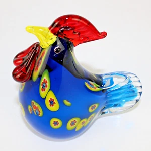 Millefiori Glass Rooster Hand Blown Paperweight Chicken Figurine Blue 5" Tall - Picture 1 of 5