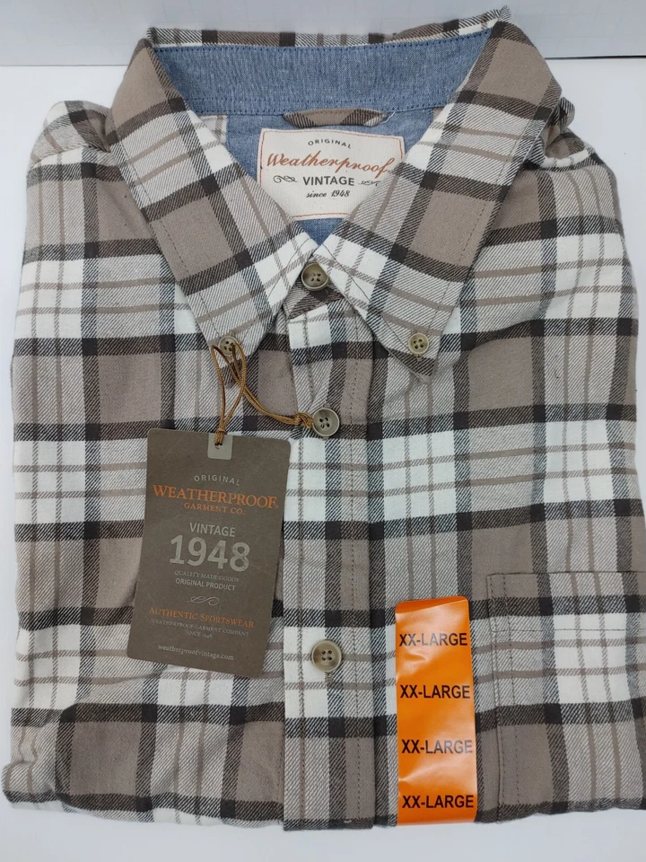NOS Original Weatherproof (Vintage) Flannel / plaid Shirt xxl TAN - BROWN