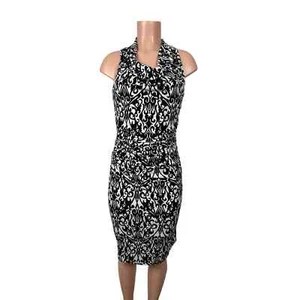 Cato Womens Size 8 White Black Ruche Stretchy Midi Dress Cowl Neck New - Picture 1 of 10