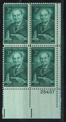US 1956 Very Fine MNH Plate Block of 4 Stamps Scott # 1080 Harwey W. Wiley - Image 1 of 2