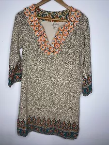 Lucky Brand Dress Womens Sz S Tan Orange Beaded Embroidered BoHo A Line - Picture 1 of 9