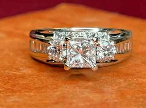 3 Ct Princess Lab Created Diamond Women's Engagement Ring 14K White Gold Finish - Picture 1 of 8