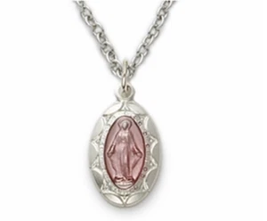 COLLAR Y CADENA MEDALLA MILAGROSA OVALADA ESMALTADA ROSA PLATA ESTERLINA - Imagen 1 de 1