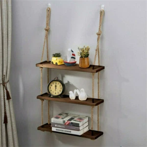 Rustic Solid Wood Rope Hanging Wall Mount Country Classic Storage Floating Shelf - Picture 1 of 12
