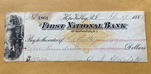 1883 Hope Valley Die erste Nationalbank von Hopkinton RI Bankscheck - Bild 1 von 4