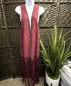 Crazy Train Studded Fringe Vest in Burgundy Womens One Size Boho Cowboy Festival - Picture 1 of 8