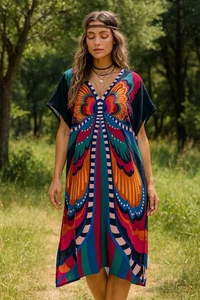 Schmetterling Kaftan Kimono Kleid Damen One Size Boho Hippie Strand Bunt Unikat - Bild 1 von 8
