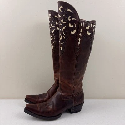Women's Ariat Hacienda Brown Knee High Leather Inlay Snip Toe Boots Sz 7B - Image 1 of 4