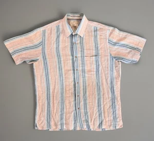 Tasso Elba Island Linen Cotton Shirt Men’s M Blue Beige Striped Short Sleeve - Picture 1 of 4