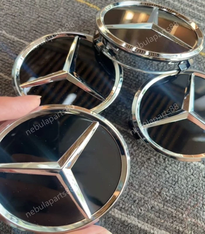 Set Of 4 Center Caps Glossy Black 2.95inch/75mm Fits Most Models Mercedes Benz - Image 1 of 4