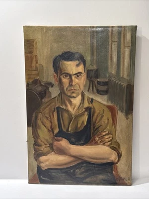Pintura Antigua Retrato Wpa Ashcan Clase Trabajadora Hombre Firmado Besner Óleo Foto 1 de 4