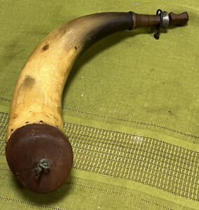 Original Antique Decorated Black Powder Horn- Early To Mid-19Th Century