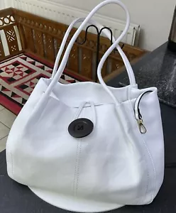 Faux Leather White Double Handle Bag Handbag Large Brown Button Detail - Picture 1 of 12