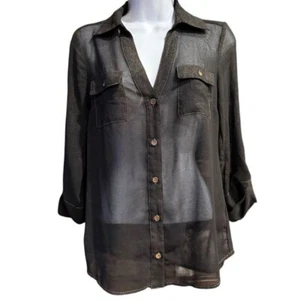 Blusa Camisa 2B BEBE Sin Espalda Abotonada Transparente Negra Metálica Talla XSmall - Imagen 1 de 6