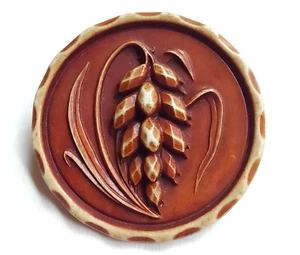Large Antique Gutta Percha Wheat Picture Button ~ Scarce Red Brown ~ 1-11/16" - Picture 1 of 5