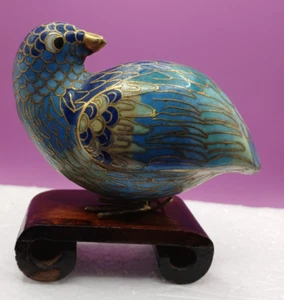 Wachtel Rebhuhn Figur Vintage Chinesisch Cloisonné Blau & Gold Emaille auf Ständer - Bild 1 von 8