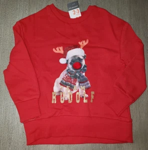 boy or girl NEW NWT RED CHRISTMAS SWEATSHIRT dog RUDOLF size 3/4 glitter! - Picture 1 of 1