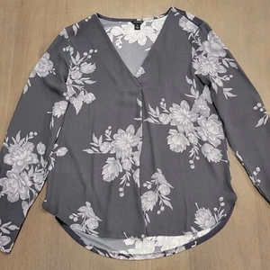 ANN TAYLOR Gray Long Sleeve Floral V-Neck Blouse Women's Size XS - Picture 1 of 6