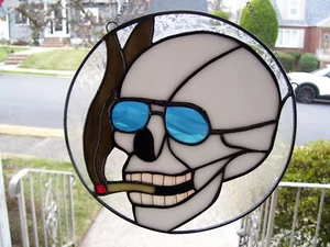 Stained Glass Skull Smoking Joint with Blue colored sunglasses - Picture 1 of 7