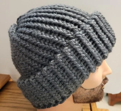 XL Dark Gray Wool Blend Extra Thick/Warm Soft Hand Knitted 100% Handmade Beanie - Image 1 of 4