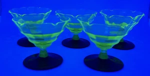 Uranium Glass Dessert Dishes SET Of 5 Vtg Green Sherbet Ice Cream Black Footed - Picture 1 of 5
