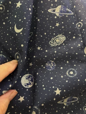 Vtg 41X15 FABRIC TRADITION Navy Blue Silver Metallic GALAXY Sky STARS Moon Quilt - Image 1 of 4