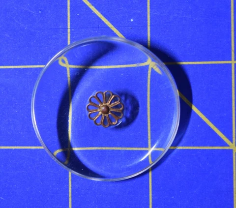 2739 1 Vintage  clear Lucite button, brass flower escutcheon Cover