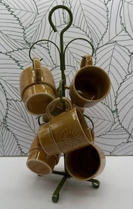 Retro Green Metal Mug Tree With 6 Stacking Ceramic Mugs Made In Japan - Picture 1 of 10