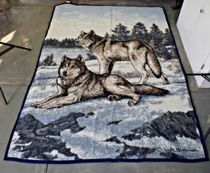 Vintage Blanket Biederlack James Hautman 90s Grey Wolves High Pile Made US 74X53 - Picture 1 of 7