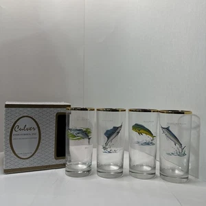 Vintage MCM Ned Smith Deep Sea Saltwater Fish Highball Glasses Set of 5 Mint - Picture 1 of 10
