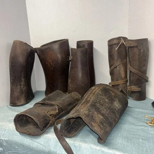 Authentic WWI WW2 Brown Leather Leggings Protectors Set Of 4 - Picture 1 of 8