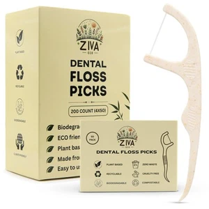 Biodegradable Dental Floss Picks for Teeth, 200 Count, Corn Straw Floss Picks... - Picture 1 of 3