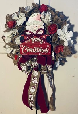 Merry Christmas Santa  Claus St Nick  13” Burlap  Sola Wood Rose Silk Hydrangeas - Image 1 of 4