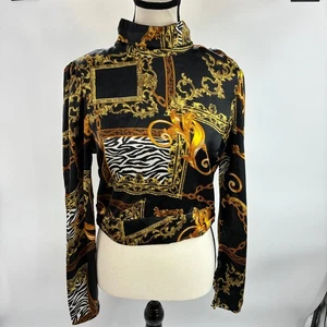 Camicetta donna Guess nera oro stampa catena manica lunga M poliestere - Foto 1 di 6