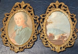 Pair Vintage Ornate Brass Framed Portrait Prints Action Made in Italy - Picture 1 of 10