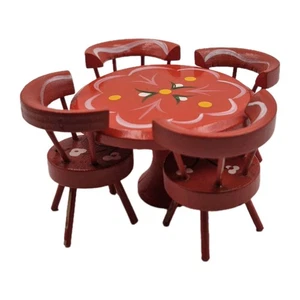 Miniature Dollhouse Furniture Round Orange Dining Table 4 Chairs Floral Painted - Picture 1 of 9