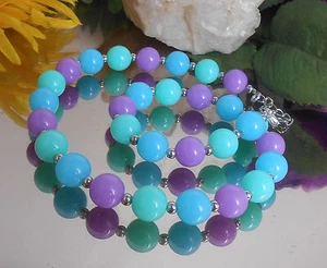 Auffallende Halskette runde Perlen 12 mm Aqua Hellblau Flieder Silber - Collier - Bild 1 von 6