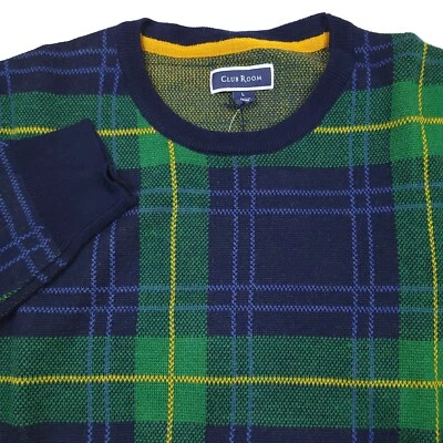 Suéter de mesa Club Room verde y azul a cuadros mezcla de lana merino cuello redondo para hombre grande Foto 1 de 4