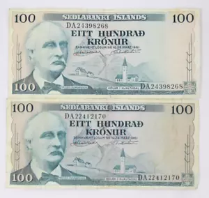 1961 Iceland 100 Kronur Lot of 2 Paper Currency Banknotes - Picture 1 of 6