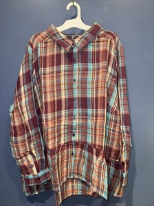 28W Long Sleeve Plaid Button Front Top Pleated Waist NWT Denim 24/7, 100% Cotton - Picture 1 of 4