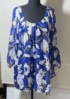 Daisy Fuentes Mujer 2X Azul Tanque Transparente Campesino Top Floral Foto 1 de 4