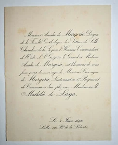 GONZAGUE DE MARGERIE Mathilde de Laya FAIRE PART MARIAGE Lille 1896 - Picture 1 of 1