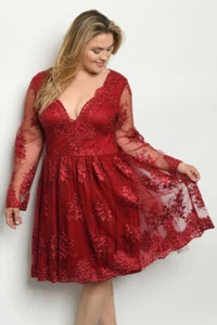 Womens Plus Size Burgundy Lace Cocktail Dress 1XL Lined Embroidered Long Sleeve - Picture 1 of 3