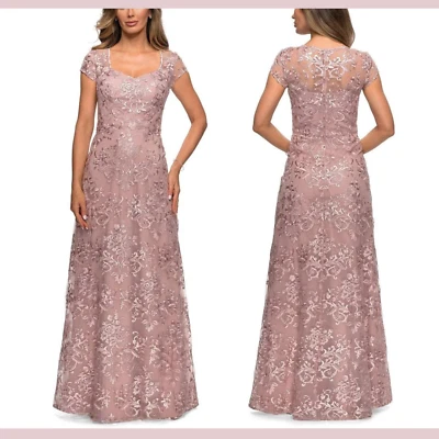 ¡AGUJEROS! $598 La Femme [20] Vestido Vaina Encaje Bordado Cuello en V Malva #J691 Foto 1 de 4