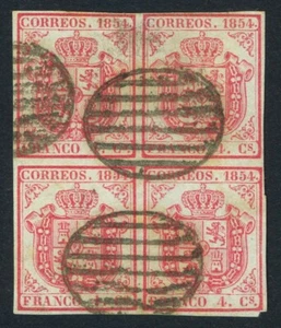 ESPAÑA 1854 - EDIFIL 33 - ESCUDO DE ESPAÑA - 4 CUARTOS - BLOQUE DE CUATRO - Picture 1 of 2