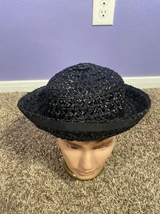 Vintage Straw Hat Black Neiman Marcus Hats Grosgrain Ribbon Bow Women's Women - Picture 1 of 8