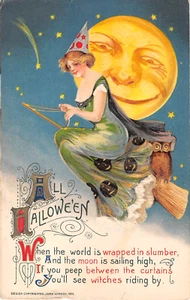 1911 Schmucker Winsch All Halloween Witch Riding Broom postcard Smiling Moon Owl - Picture 1 of 2