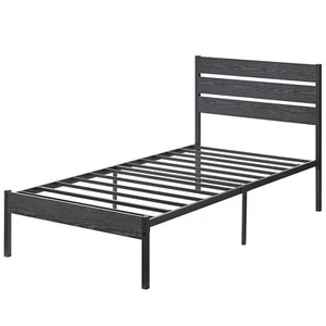 Twin size Industrial Platform Bed Frame with Wood Slatted Headboard in Black - Picture 1 of 3