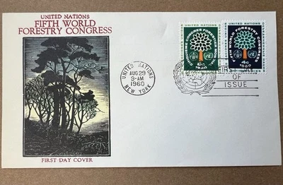 1960 UN Fifth World Forestry Congress FDC • Hand-Painted Woodblock Cachet • Rare - Image 1 of 4
