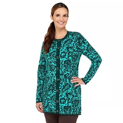 Isaac Mizrahi ¡EN VIVO! Cárdigan Damasco Jacquard Verde Profundo Suéter Abrigo Mujer XS Foto 1 de 4